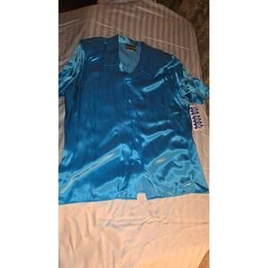 JOULY NY Women's BL Satin Button Up Sht Sleeve Shirt Top SzM